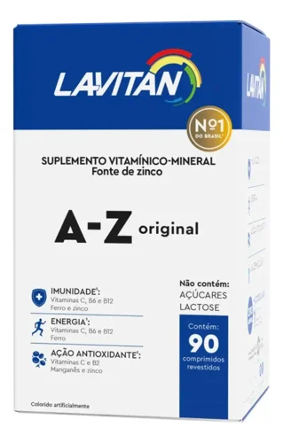 Caixa azul e branca do Lavitan A-Z original, suplemento vitamínico-mineral, com 90 comprimidos