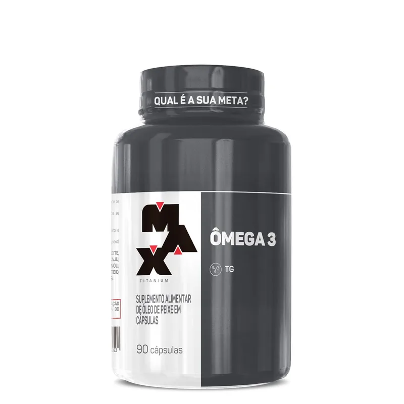 Pote preto do Max Titanium Ômega 3 com 90 cápsulas e logotipo MAX em branco