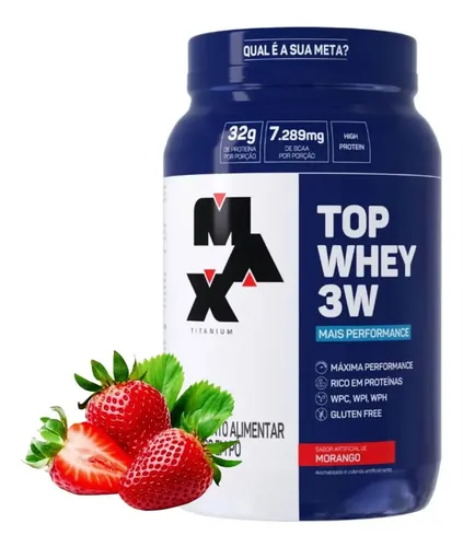 Pote Top Whey 3W Max Titanium 900 g sabor morango (isolado, hidrolisado e concentrado)