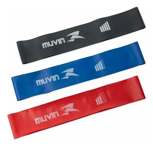 Kit com três mini bands Muvin de látex nas cores vermelha, azul e preta