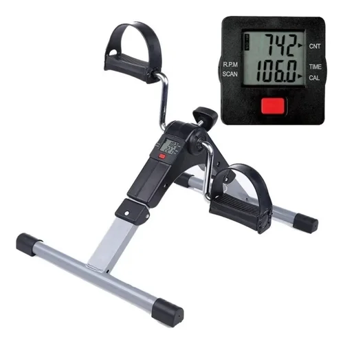 Mini bike dobrável cinza e preta com pedais de alça e, ao lado, o visor LCD mostrando números