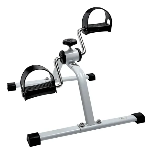 Pedaleira de metal branca e cinza com dois pedais de tira preta e botão de ajuste no topo, em fundo branco
