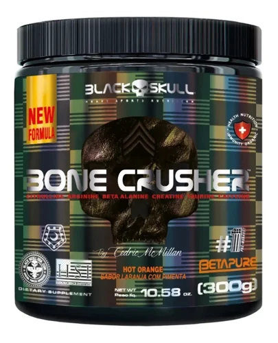 Pote preto do pré-treino Bone Crusher Black Skull 300 g, com rótulo estampado colorido
