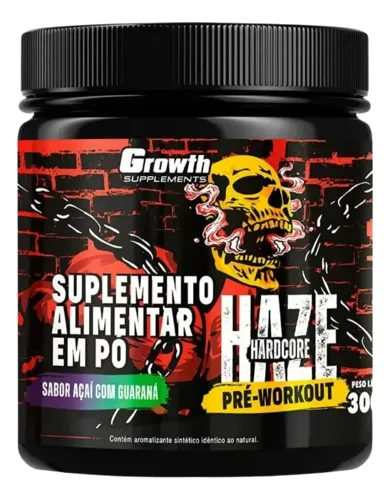 Pote preto do pré-treino Haze Hardcore da Growth Supplements 300 g, sabor açaí com guaraná, com caveira amarela no rótulo
