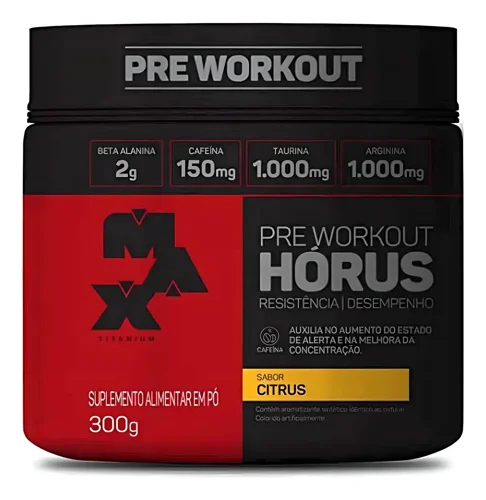 Pote preto e vermelho do pré-treino Horus Max Titanium 300 g sabor citrus, com beta-alanina 2 g, cafeína 150 mg e taurina 1.000 mg na frente