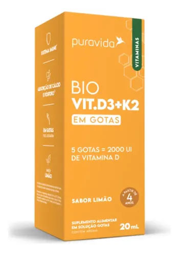 Frasco Vitamina D Puravida Bio líquido limão 20 mL (D3+K2)