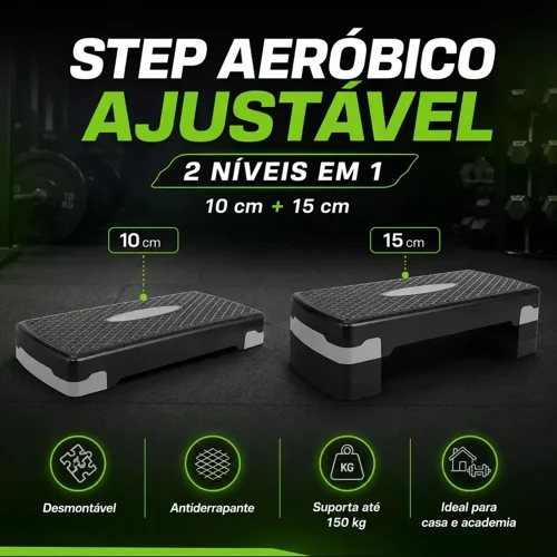 Step aeróbico ajustável Dona Leopolda preto, mostrado nas alturas de 10 e 15 cm
