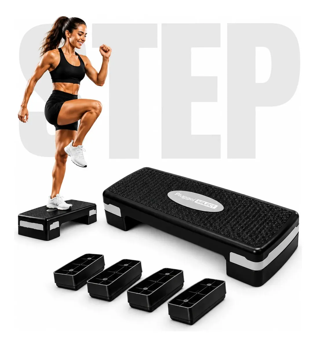 Step aeróbico Pluggei Select PluggFit TB01 preto com cinza, 3 níveis de altura
