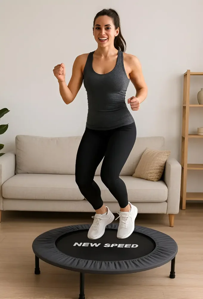 Mulher de regata preta pulando num trampolim preto New Speed de 80 cm, numa sala de estar