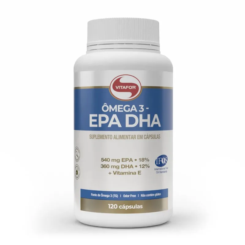 Pote branco do Vitafor Ômega 3 EPA DHA com 120 cápsulas, rótulo azul indicando 540 mg de EPA, 360 mg de DHA e vitamina E