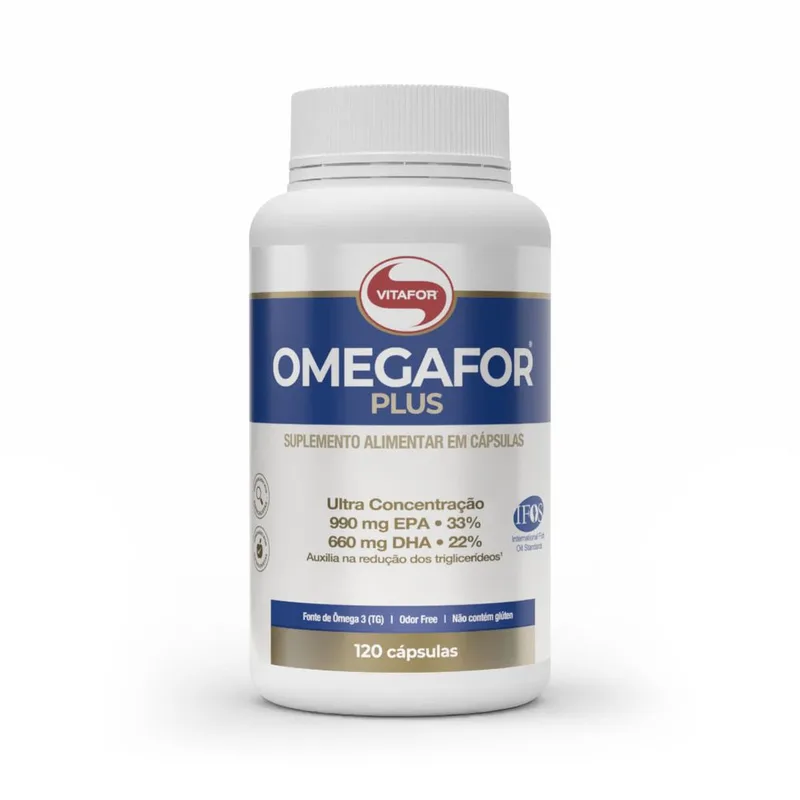 Pote branco do Vitafor Omegafor Plus com 120 cápsulas e rótulo azul de ômega-3 de alta concentração