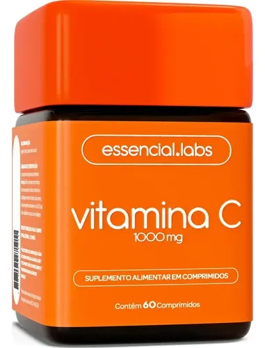 Frasco laranja da Vitamina C 1000 mg Essencial Labs com 60 comprimidos