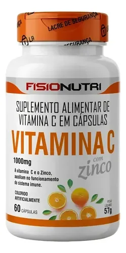 Pote branco da Vitamina C com zinco Fisionutri, 60 cápsulas