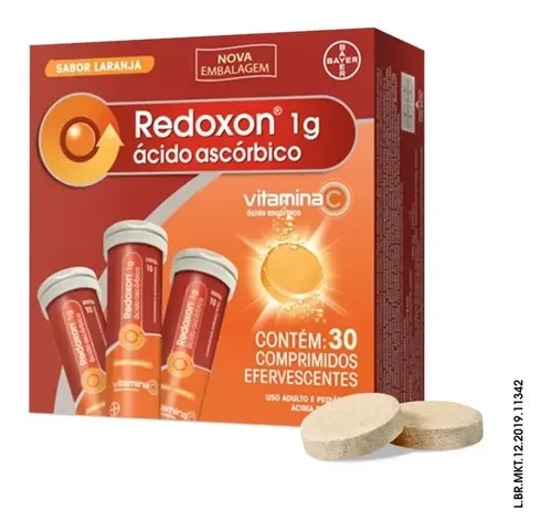 Caixa laranja do Redoxon Bayer 1 g com 30 comprimidos efervescentes
