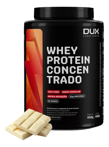 Pote preto do Whey Protein Concentrado Dux Nutrition 900 g, com barras de chocolate branco ao lado