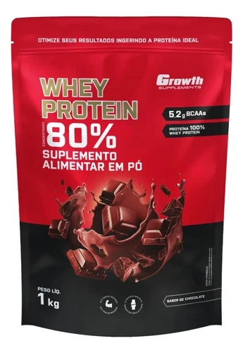 Saco vermelho e preto do Whey Protein 80% Growth Supplements, 1 kg sabor chocolate, com selo de 5,2 g de BCAAs