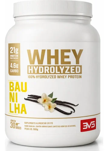 Foto do anúncio no Mercado Livre: pote branco com tampa dourada do Whey Hydrolyzed 3VS, sabor baunilha, 900 g