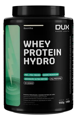 Foto do anúncio no Mercado Livre: pote preto com faixa verde do Whey Protein Hydro Dux Nutrition, 900 g
