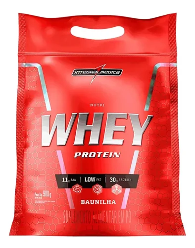 Refil vermelho do Nutri Whey Protein Integralmédica 900 g sabor baunilha, com selos de 11 g de EAA e 30 g de proteína