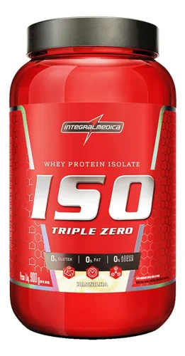 Foto do anúncio no Mercado Livre: pote vermelho do whey ISO Triple Zero Integralmédica, isolado, sabor baunilha, 900 g