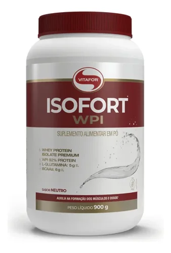 Foto do anúncio no Mercado Livre: pote branco com rótulo vinho do Isofort WPI Vitafor, 900 g