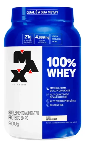 Pote azul e branco do 100% Whey Max Titanium 900 g sabor baunilha, com selos de 21 g de proteína e 4.669 mg de BCAA