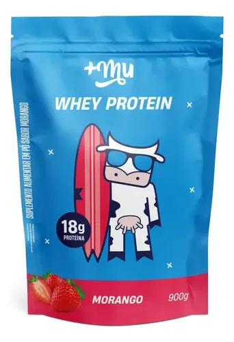 Refil doypack azul do +Mu Whey Protein sabor morango 900 g