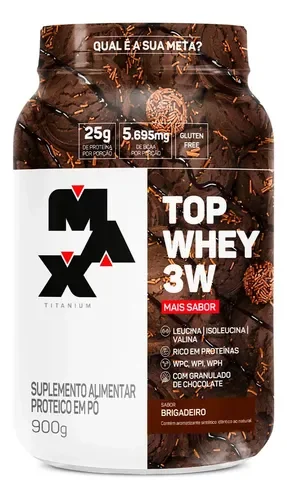 Pote marrom do Top Whey 3W Mais Sabor Max Titanium 900 g sabor brigadeiro, com 25 g de proteína por porção na frente
