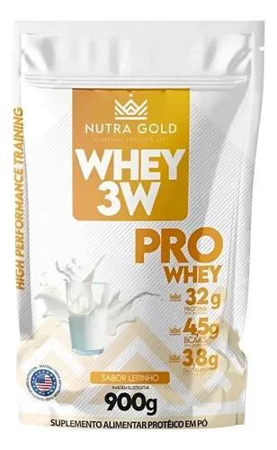 Pacote branco e dourado do Whey 3W Pro Nutragold 900 g sabor leitinho, com 32 g de proteína na frente