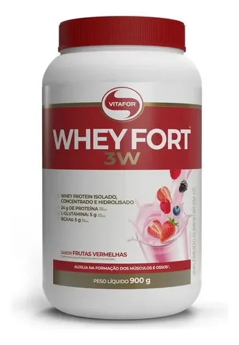 Pote branco e vermelho do Whey Fort 3W Vitafor 900 g sabor frutas vermelhas
